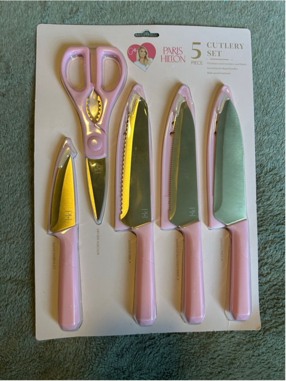 Paris Hilton Pink 5 pcs cutlery knife set kitchen shears paring bread chef, New